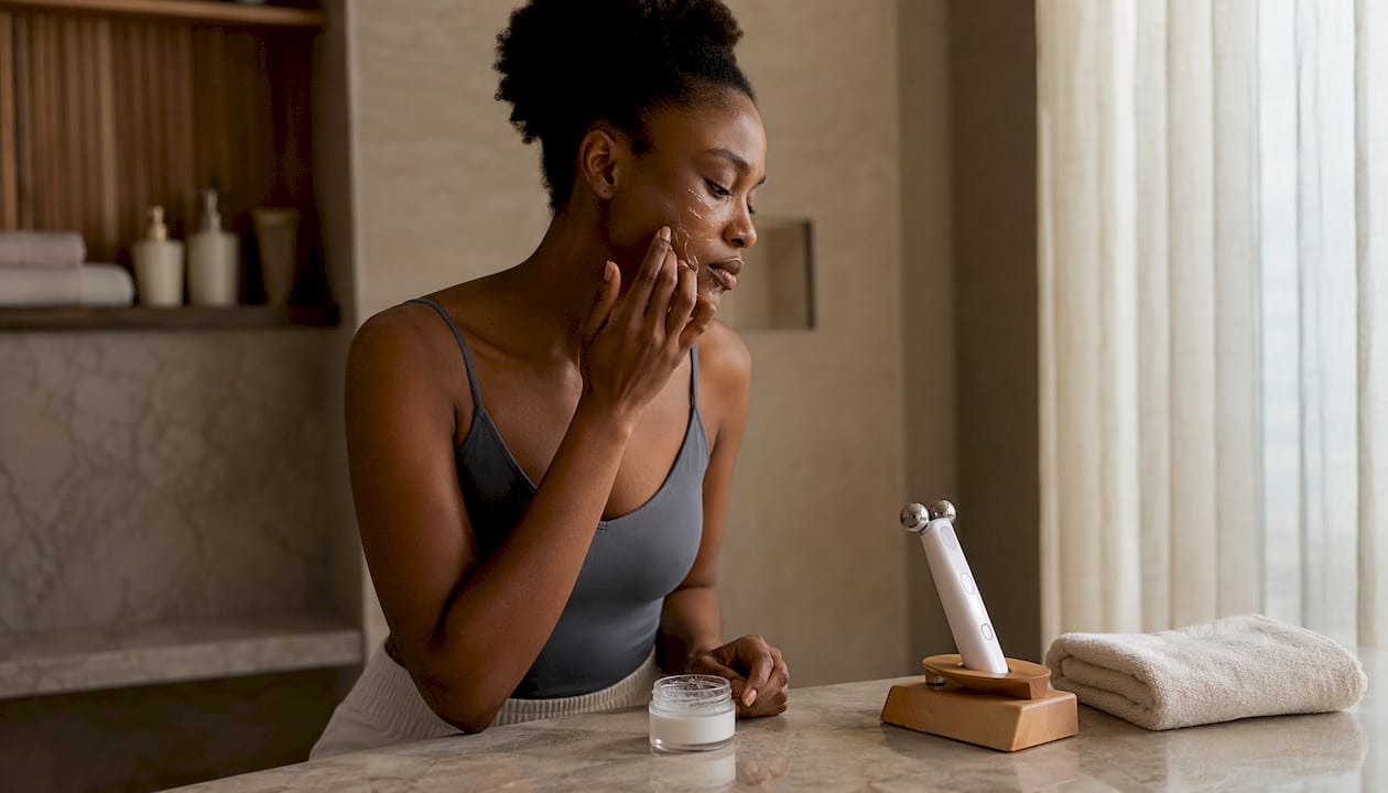 Microcurrent device and skincare setup in bathroom