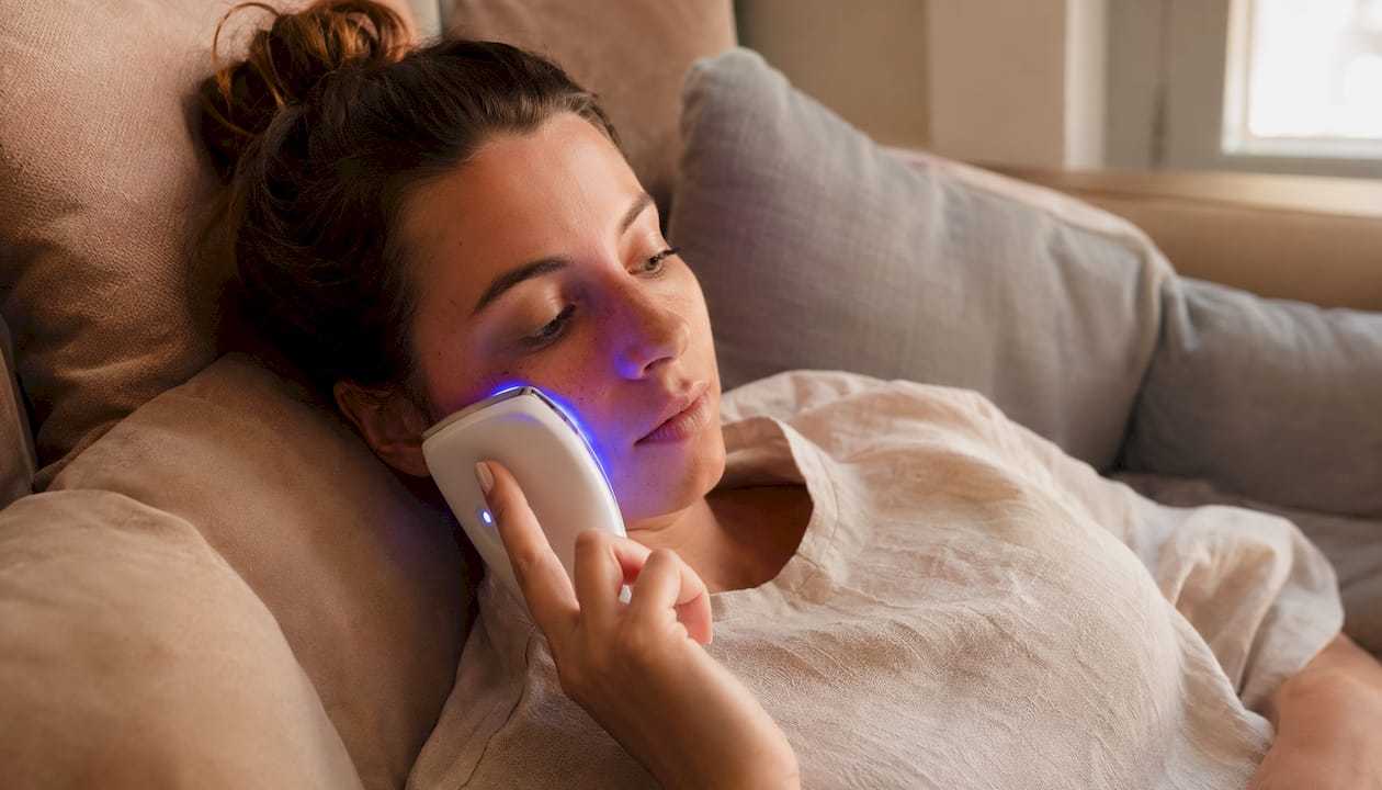 Une femme applique une lumière LED bleue sur son visage pour traiter son acné.