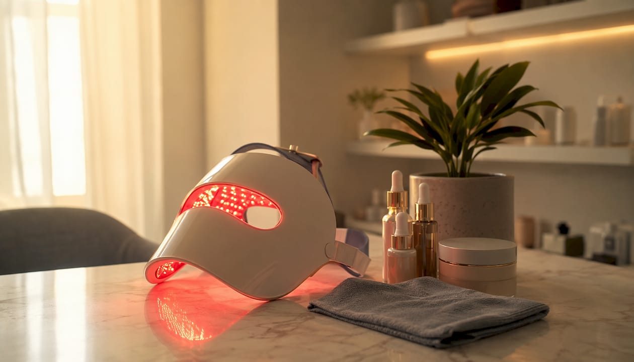 Un dispositivo LED de color rojo colocado sobre la mesa del salón de belleza.