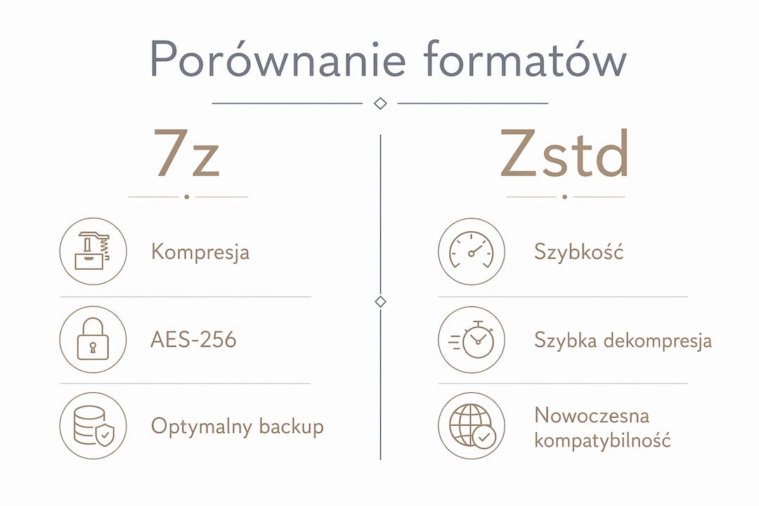 Grafika przedstawiająca zestawienie najpopularniejszych formatów kompresji: 7z oraz Zstd