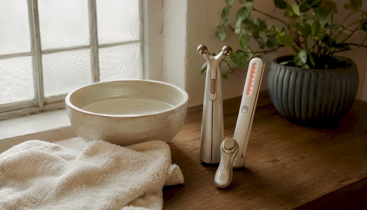 At-home skincare devices on marble countertop
