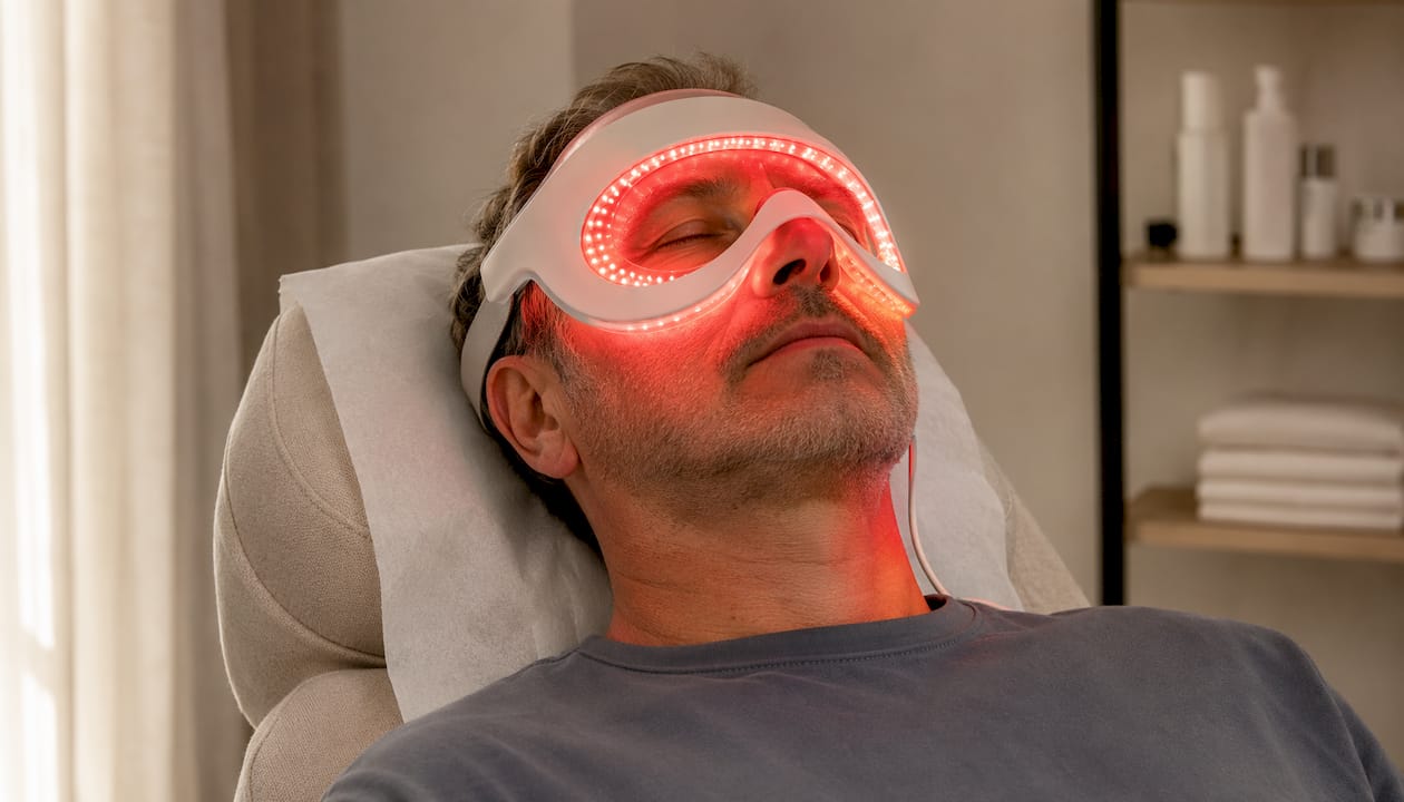 Un homme profite d’une séance de luminothérapie par LED rouge.