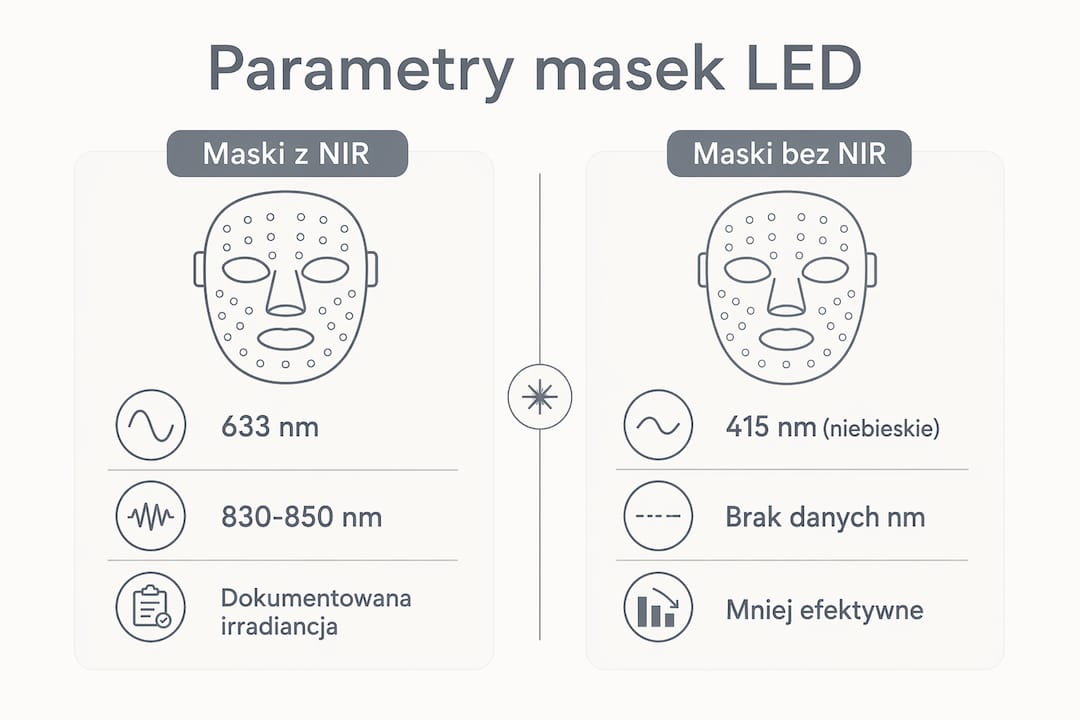 Infografika przedstawiająca zestawienie właściwości masek LED wyposażonych w technologię NIR oraz tych bez tej funkcji.