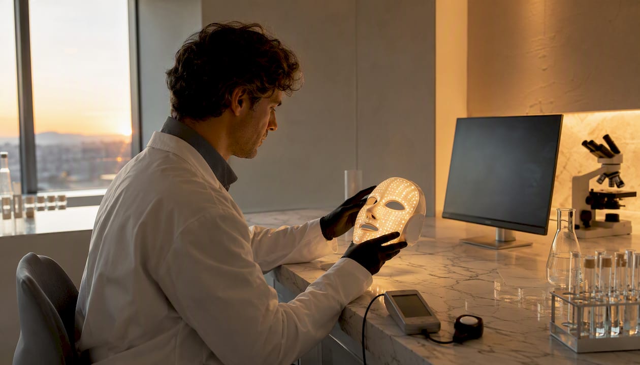 Unas manos de científicos manipulan una máscara LED en pleno laboratorio.