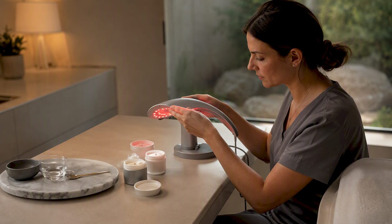 Close-up of hand adjusting red LED light therapy device