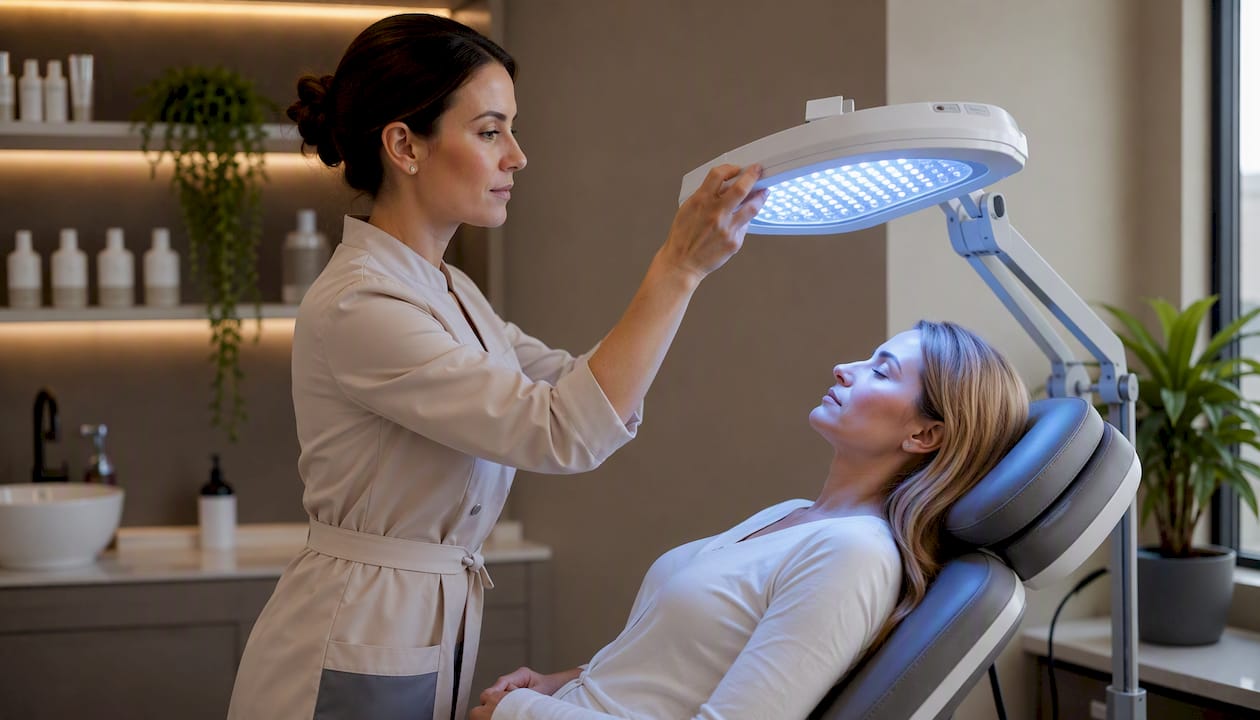 Dermatolog przeprowadza u pacjenta zabieg z wykorzystaniem terapii LED.