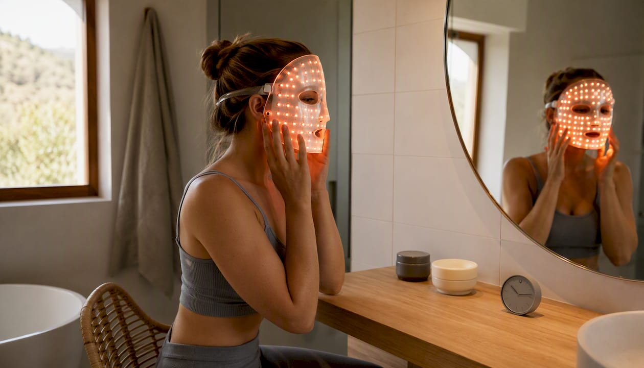 Une femme utilise un masque facial LED en silicone souple pour prendre soin de sa peau.