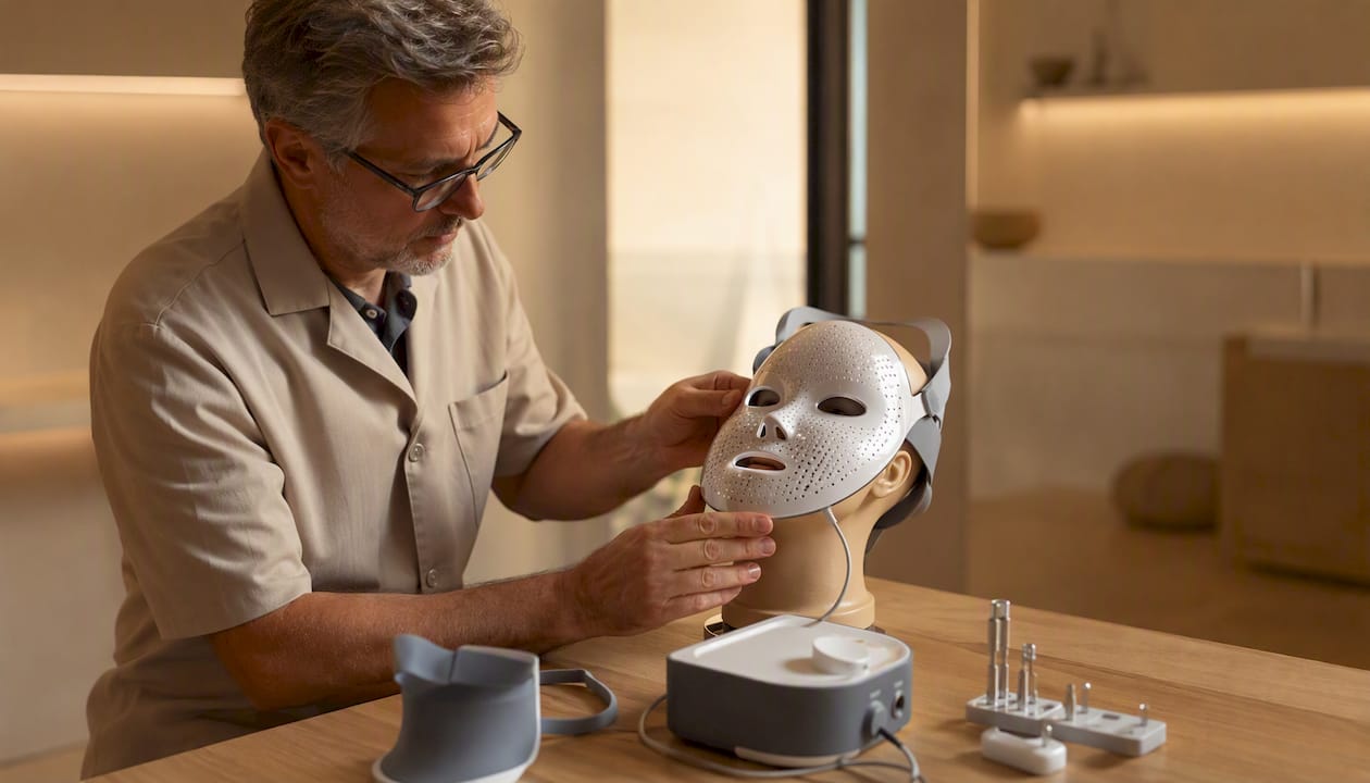 Un technicien en pleine intervention, en train de régler un masque LED à haute densité pour garantir une performance optimale.