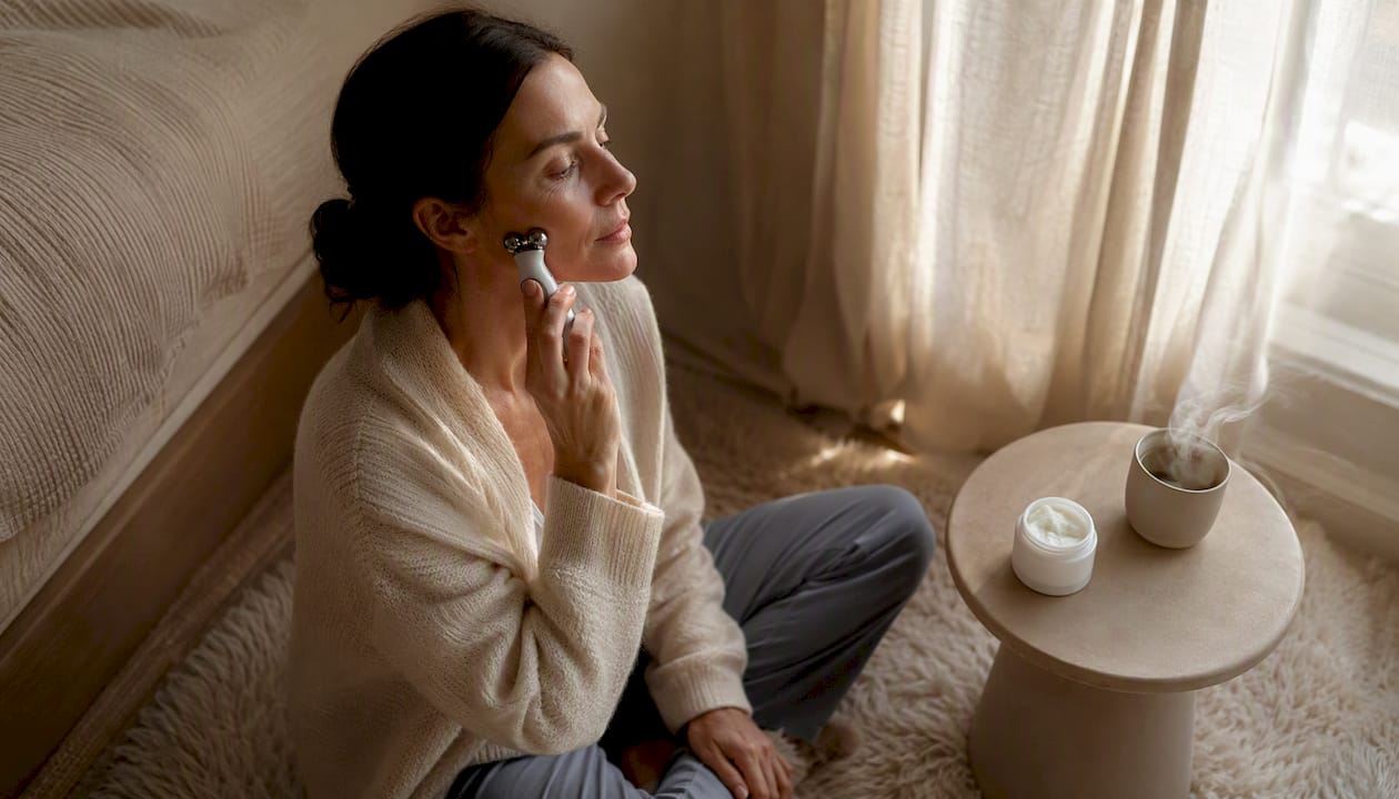 Woman using microcurrent facial device at home