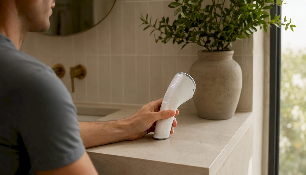 Close-up of hand holding HIFU home device