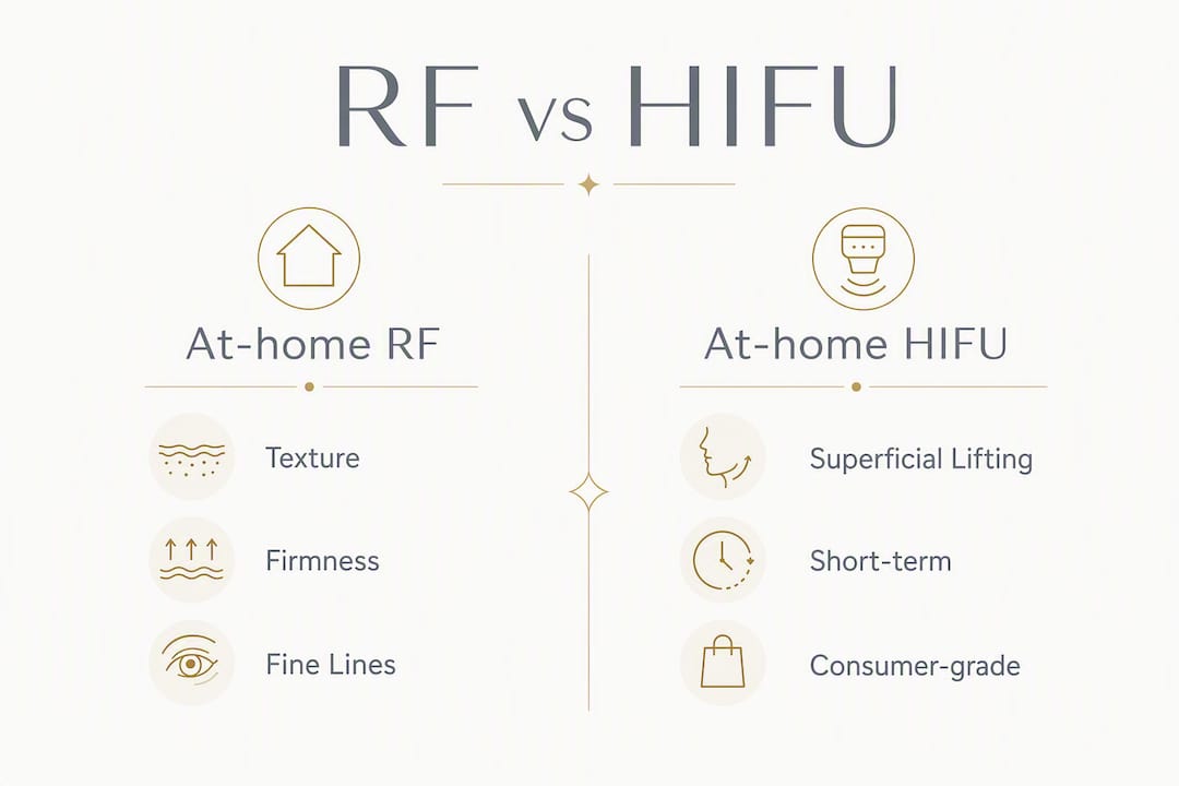 Infographic comparing at-home RF and HIFU device features