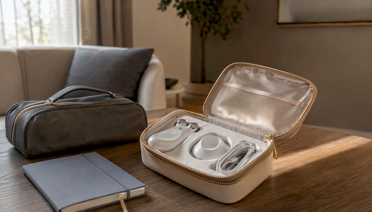 Zestaw NuFACE MINI+ rozłożony na stoliku w hotelowym pokoju – idealny towarzysz podczas podróży.