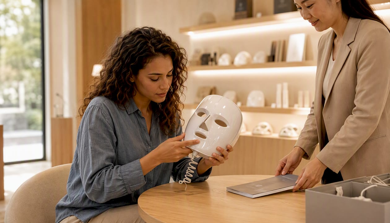 Une cliente examine attentivement la présence du marquage CE sur un masque LED avant de l’acheter en magasin.