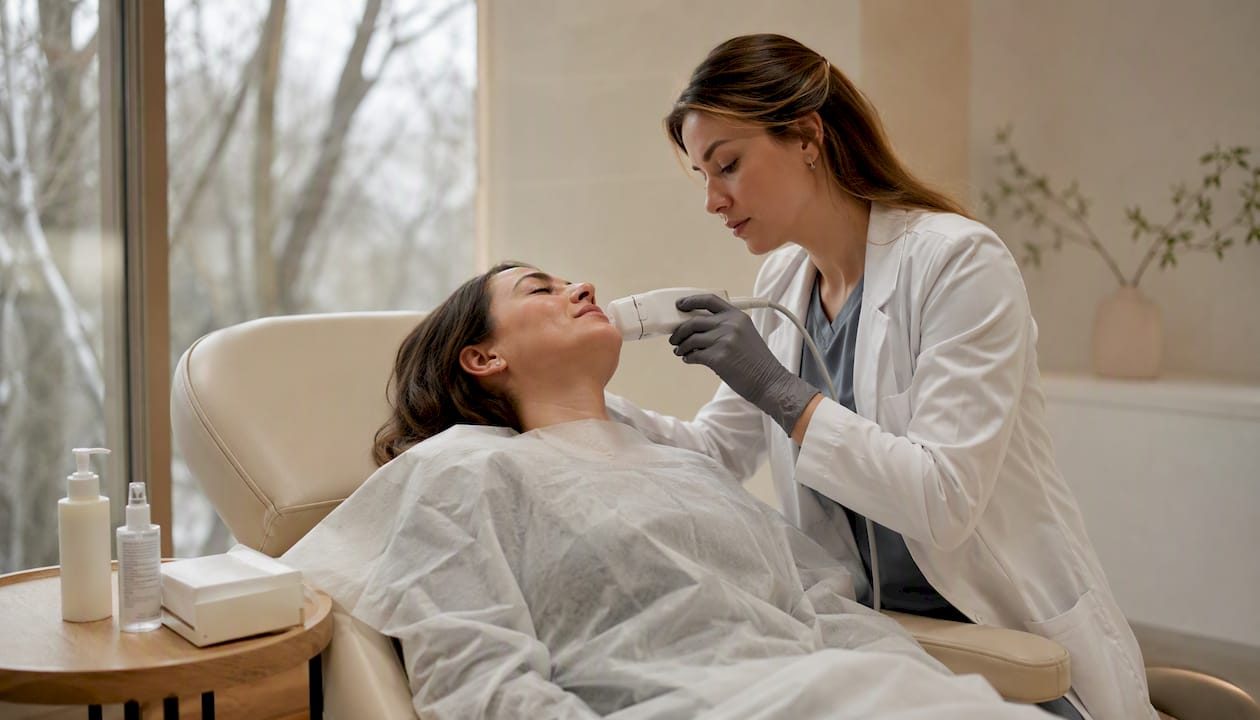 Dermatologist performing energy-based cheek lift treatment
