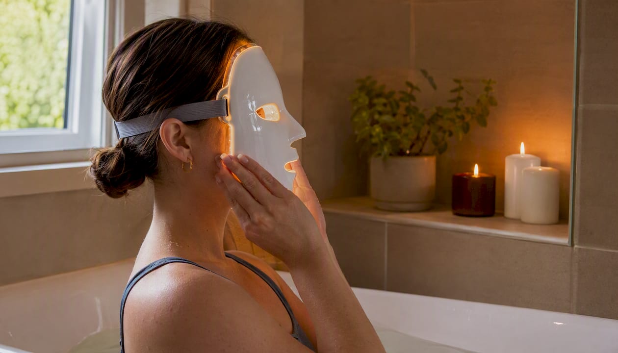 Alguien disfruta de una sesión de cuidado facial con una mascarilla LED en su habitación, rodeado de un ambiente cálido y confortable.
