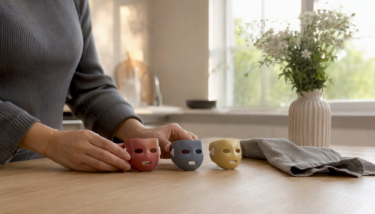 Unas manos acomodan varias mascarillas LED de diferentes colores
