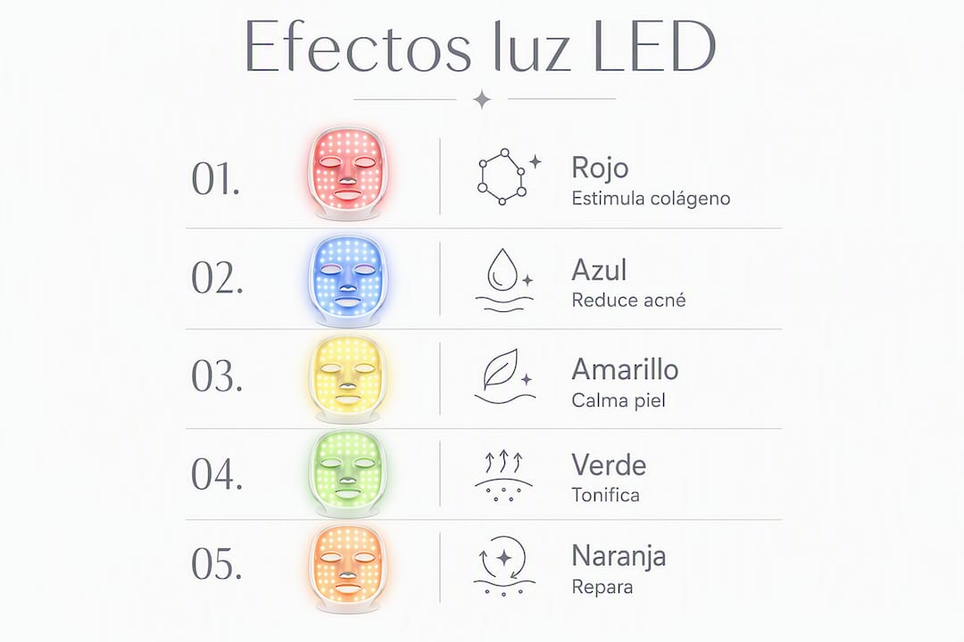 Infografía sobre cómo distintas luces LED afectan la salud y el aspecto de la piel