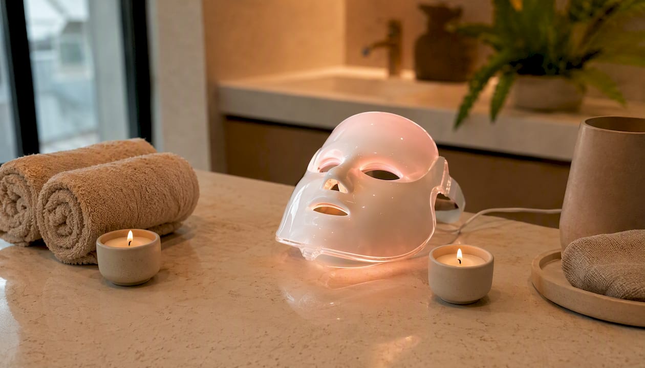 Mascarilla facial LED y accesorios de spa sobre la encimera