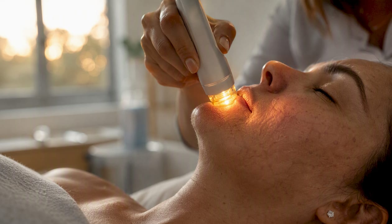 La luz LED ámbar aplicada sobre la piel del rostro ayuda a tratar problemas vasculares.