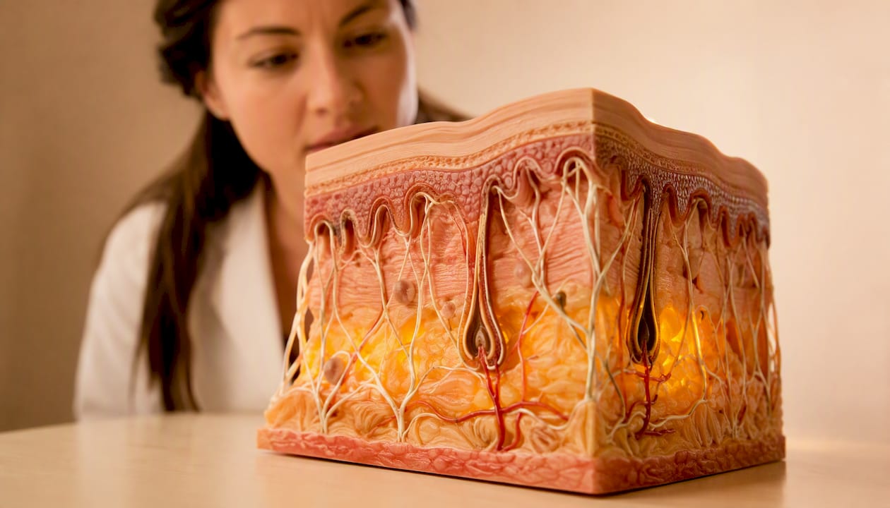 Modelo anatómico que ilustra las fibras de colágeno de la piel y la estructura de la dermis