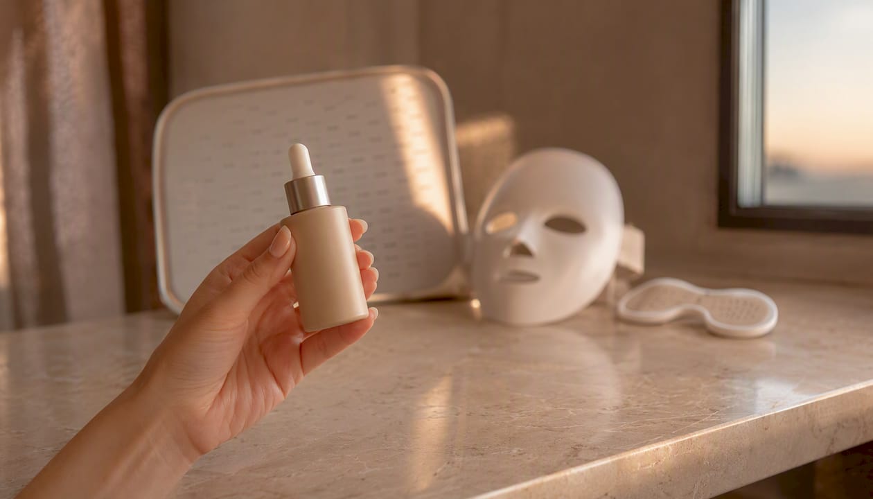 En el mostrador de belleza se pueden ver diferentes dispositivos de terapia LED en varias formas.