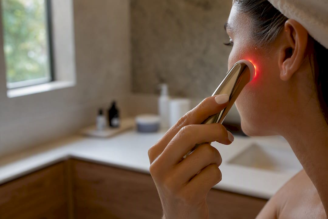 Mano usando un dispositivo LED en la rutina facial