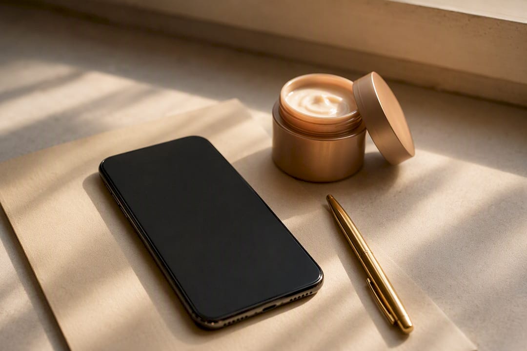 Teléfono inteligente sobre tela junto a accesorios de belleza