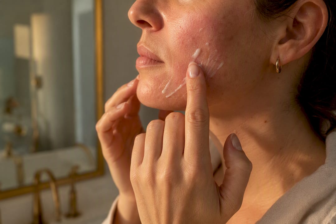 Persona aplicando suavemente crema en mejillas con rosácea
