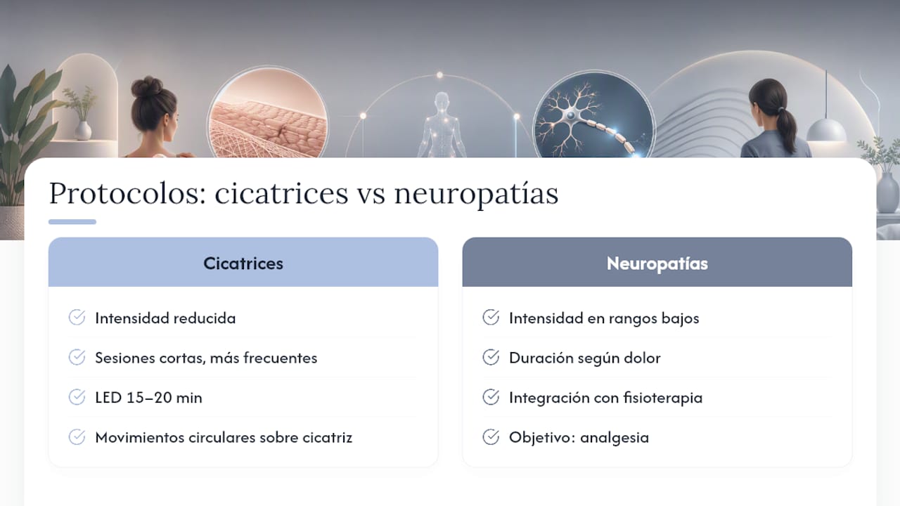 Protocolos avanzados para cicatrices hipertróficas y neuropatías localizadas — overview diagram