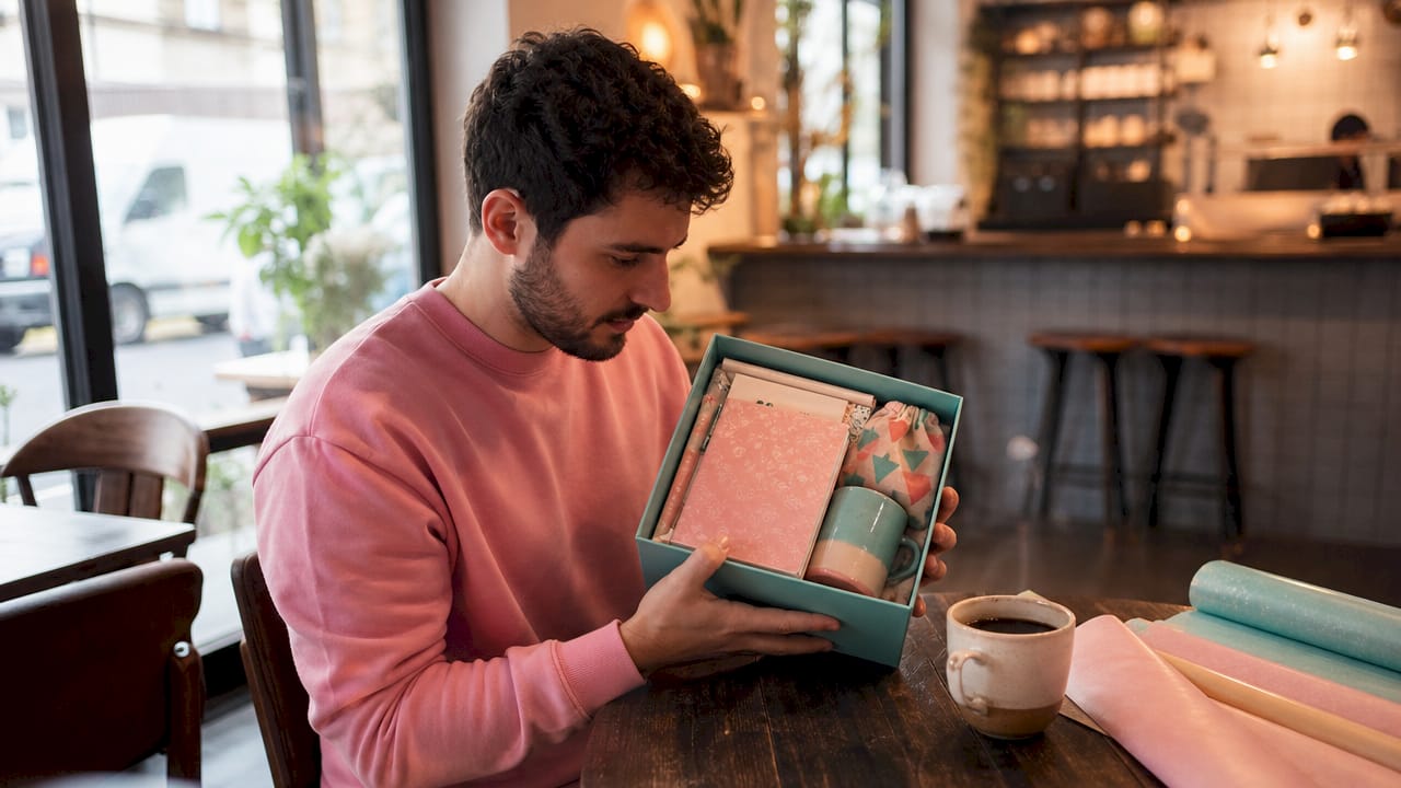 Revisión de regalos personalizados sobre la mesa de una sala de reuniones