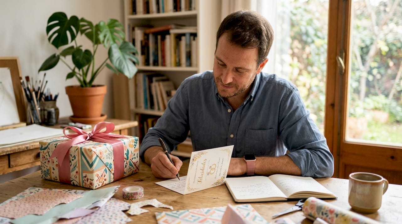Manos escribiendo una dedicatoria en una tarjeta de boda