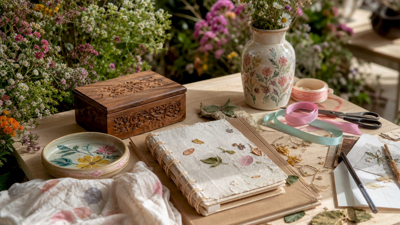 Mesa decorada con obsequios hechos a mano utilizando materiales ecológicos y naturales