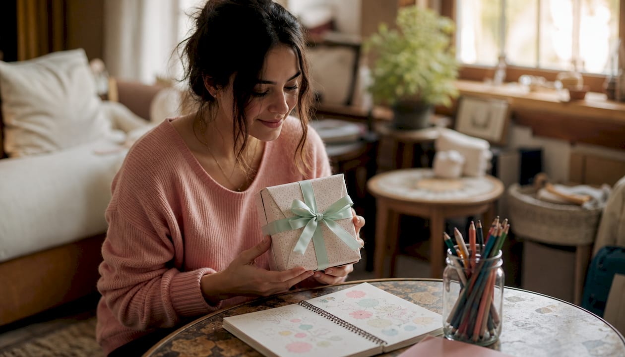 Unas manos presentan una caja de regalo personalizada, adornada con un elegante lazo rosa.