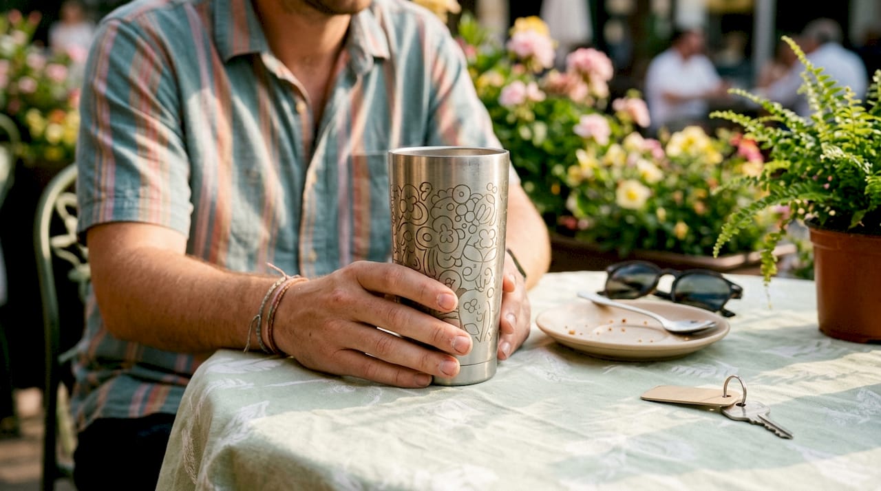 Vaso de acero inoxidable personalizado sostenido entre las manos