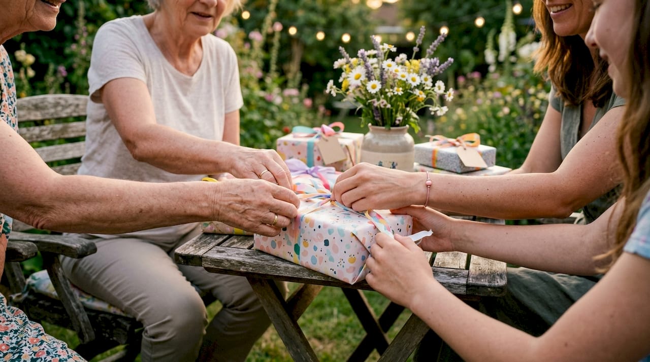 Un hombre abre un regalo de cumpleaños personalizado mientras está sentado a la mesa, rodeado de familiares y amigos.