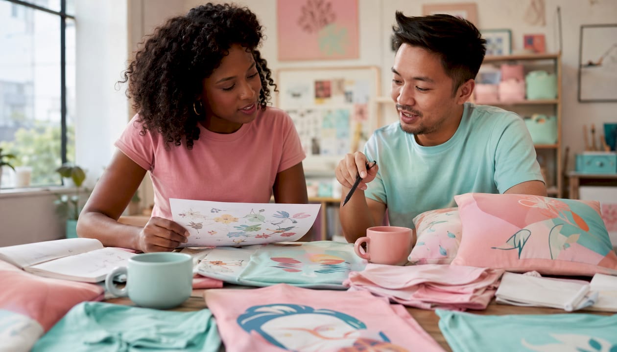 Conversación entre dos diseñadores sobre ideas para crear regalos personalizados