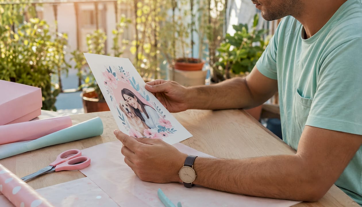 Unas manos revisan cuidadosamente una prueba digital antes de convertirla en un regalo.