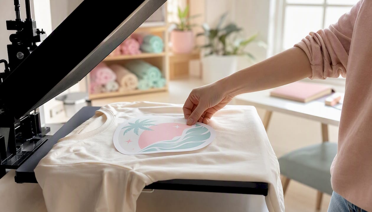 Manos colocando un diseño sublimado sobre vinilo textil blanco