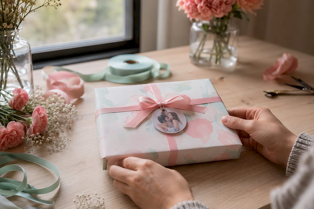 Regalo envuelto con etiqueta personalizada con foto