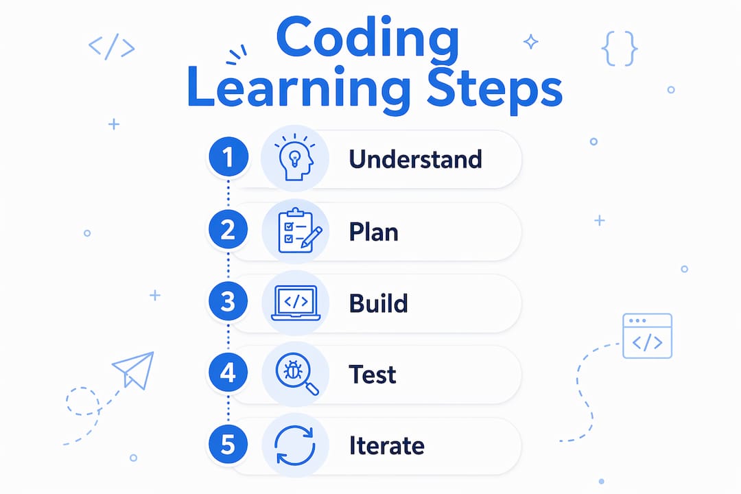 Infographic illustrating coding learning steps
