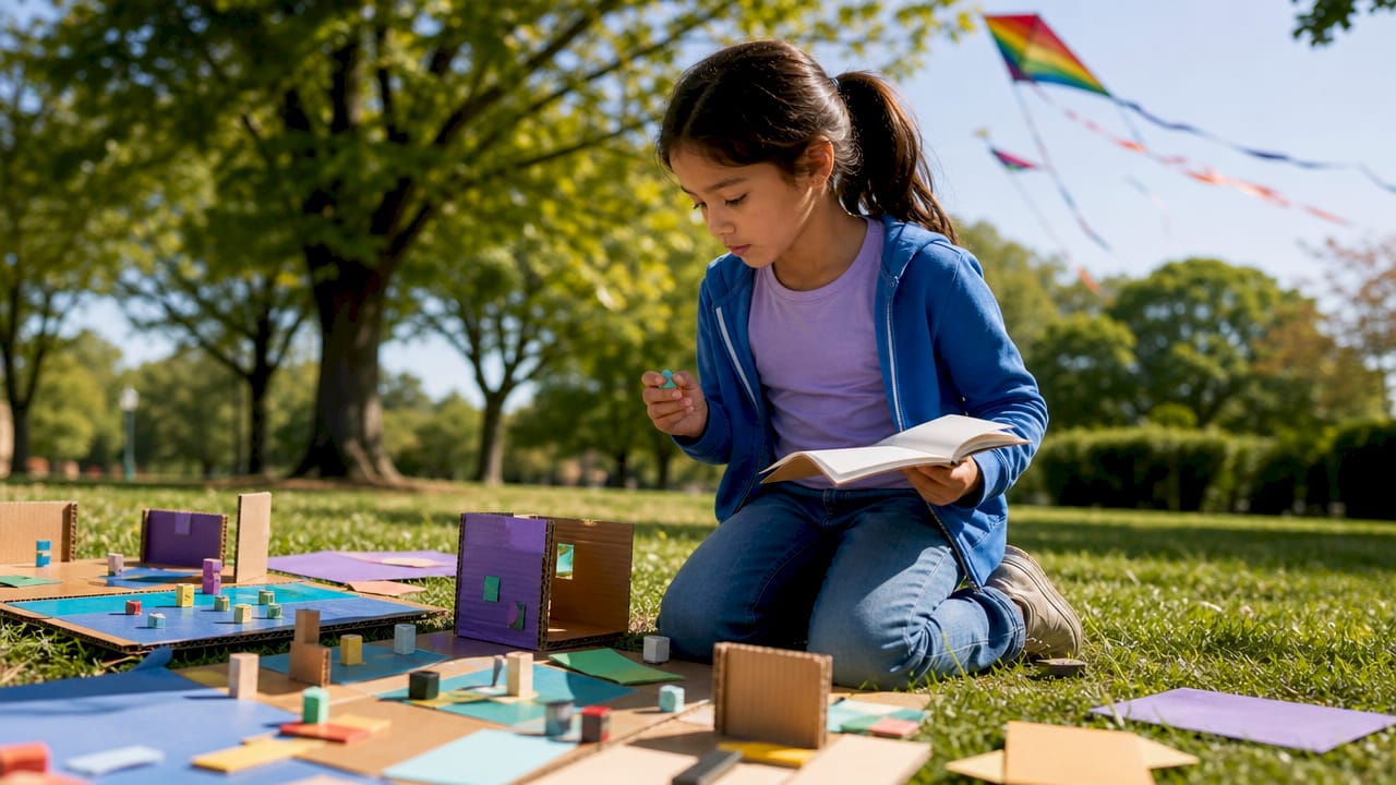 Young girl playing with paper game prototypes on floor