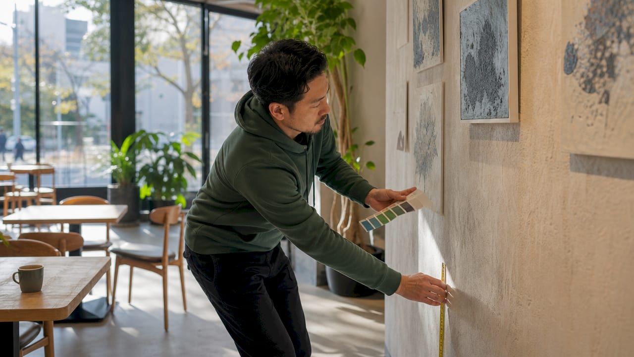 Man choosing feature wall in apartment