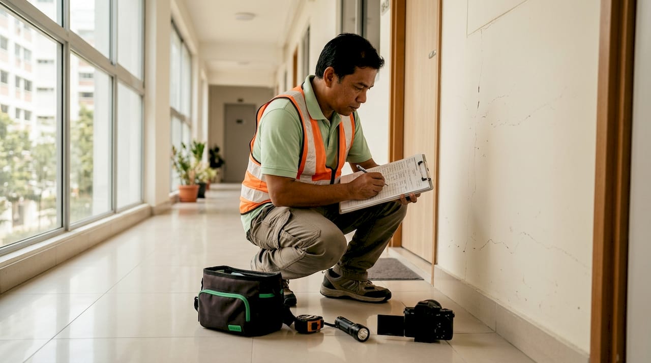 Defect inspector examining HDB corridor walls