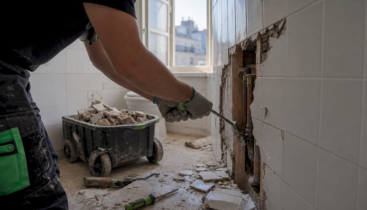Partially demolished urban bathroom with tools