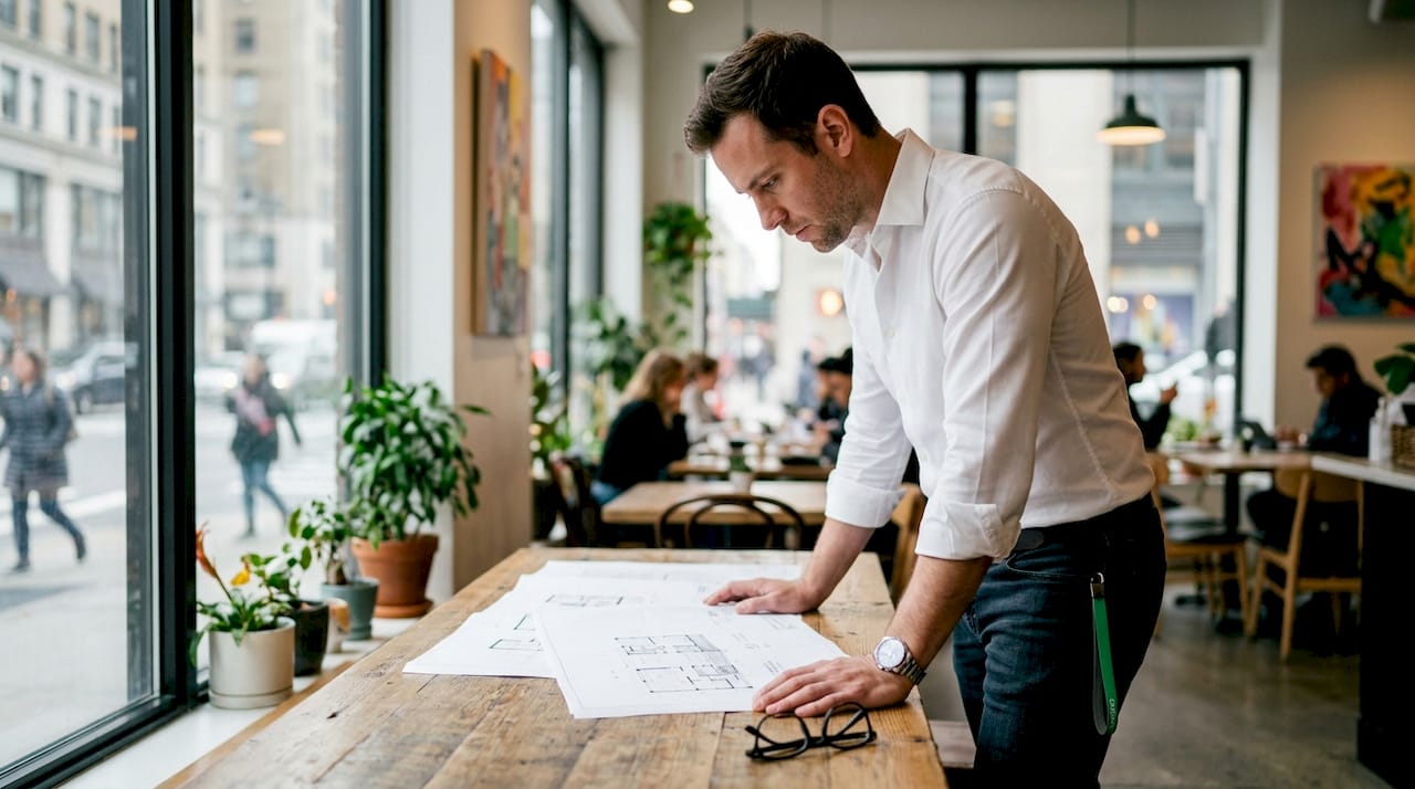 Architect analyzing renovation design plans