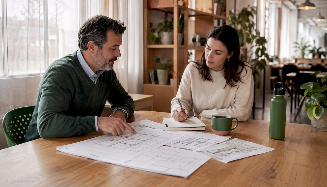Contractor consulting homeowner over plans