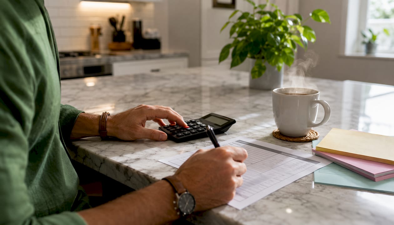 Hands calculating handyman service costs on invoice