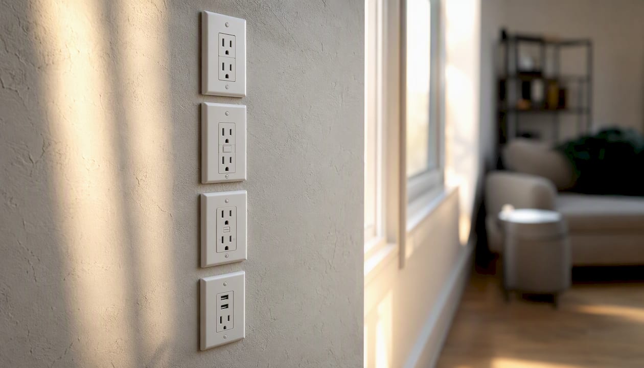 Close-up of different power outlet types on wall