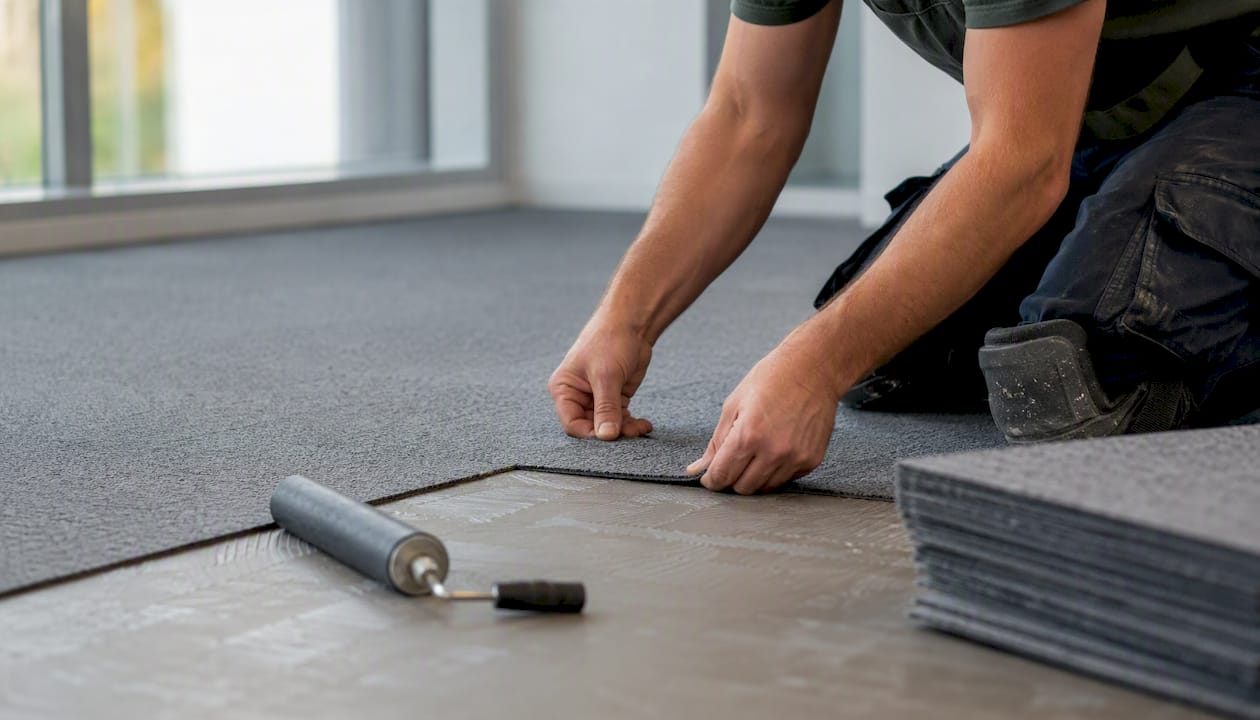 Hands fitting carpet tile on office floor