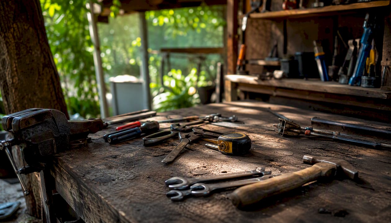 Handyman tools on wooden workbench